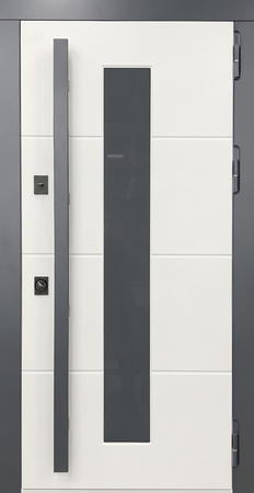 Металлическая остекленная термодверь с бугельной ручкой, серыми наличниками и белыми плитами МДФ RAL